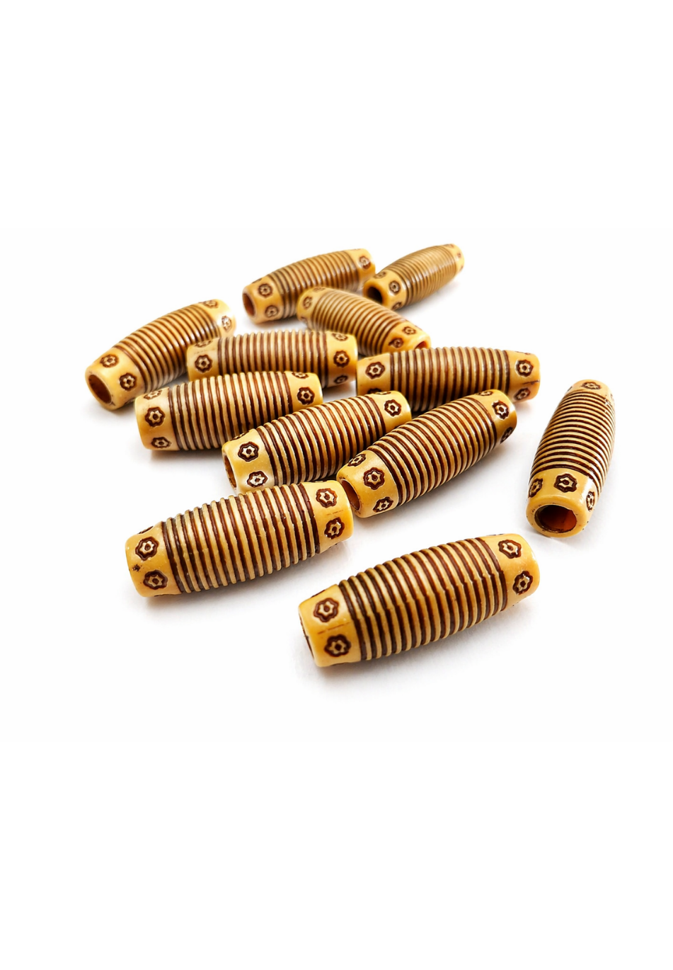 Brown Hair Wooden Beads (10 Pieces) With Flower Details